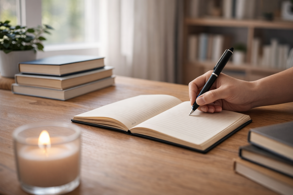 carnet et livres sur un bureau d’écriture