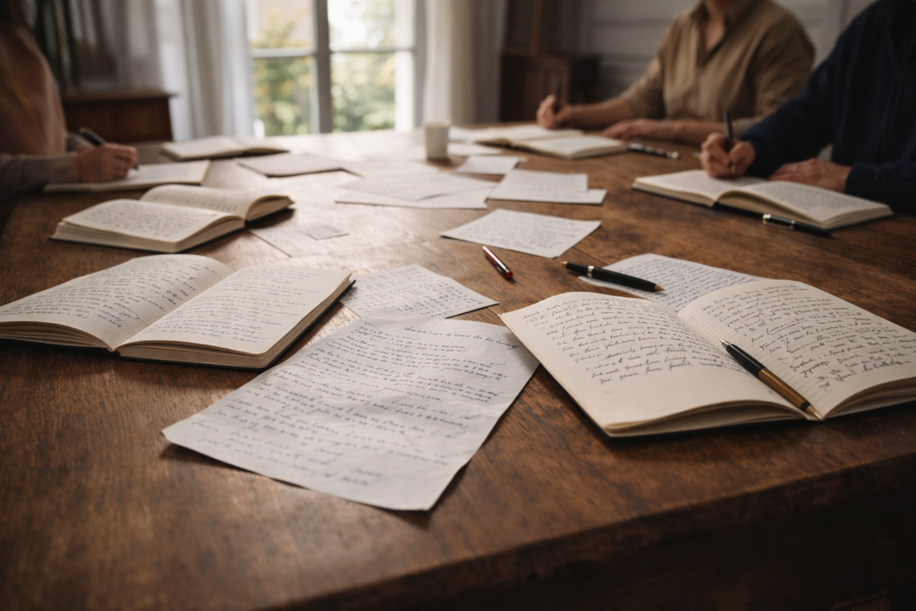 Table d’atelier avec manuscrits et carnets symbolisant la contribution collective à l’écriture d’articles