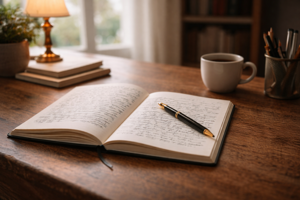 Bureau d’écriture avec carnet et stylo dans une maison ancienne symbolisant le dialogue et la prise de contact
