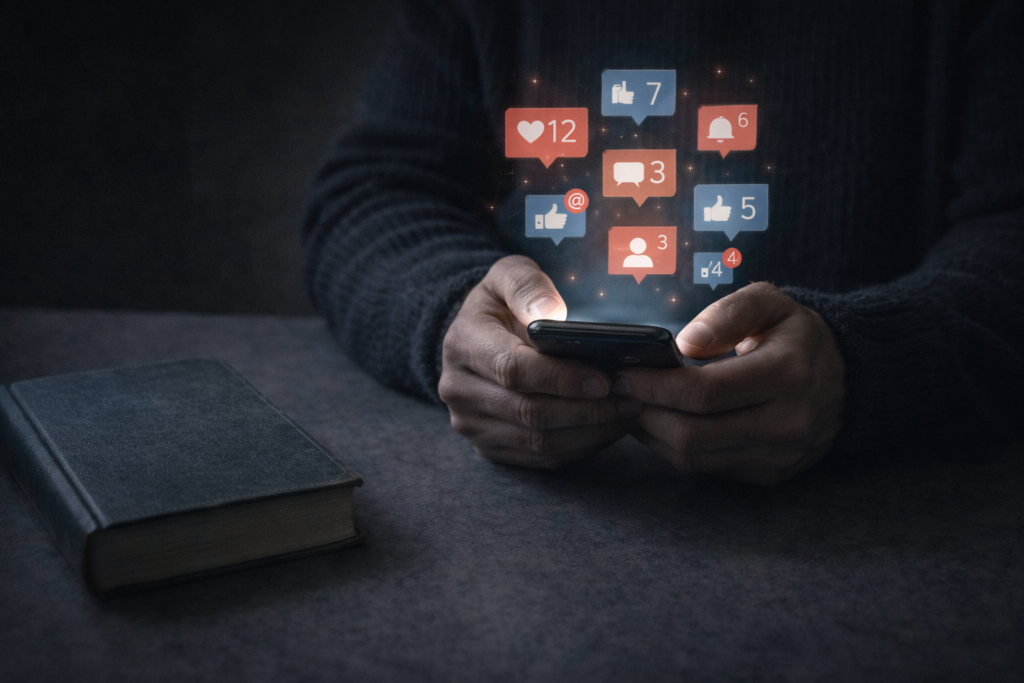 Livre posé à côté d’un smartphone symbolisant la concurrence des écrans. goût de la lecture.