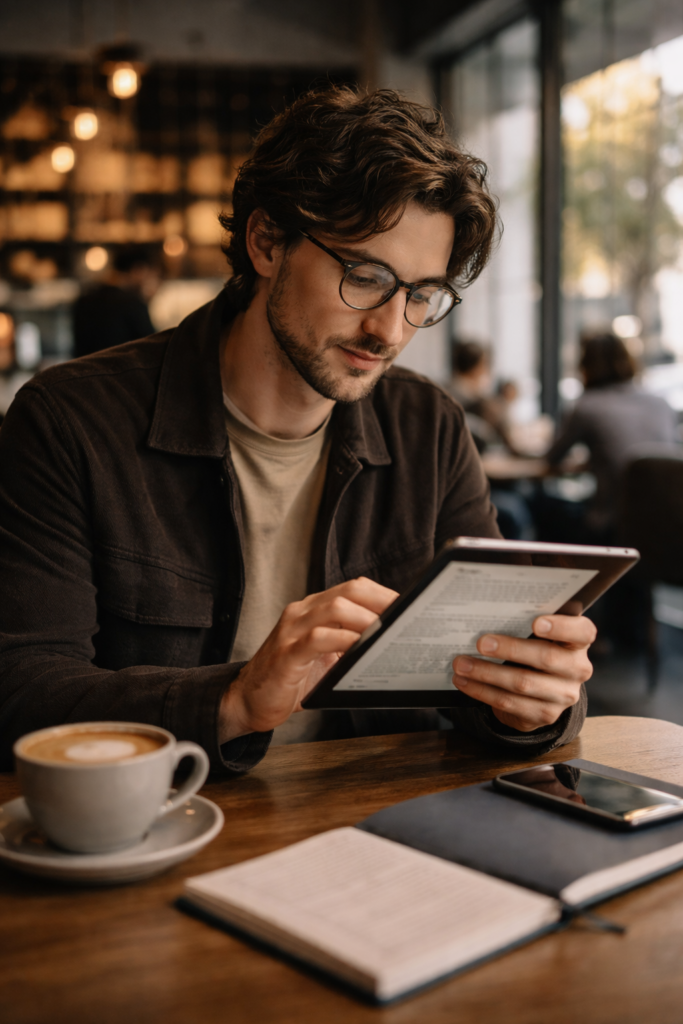 Lecture d’un article sur tablette dans un café. goût de la lecture.
