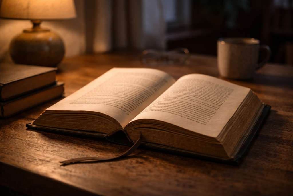 Livre ouvert symbolisant la lecture longue et attentive. goût de la lecture.