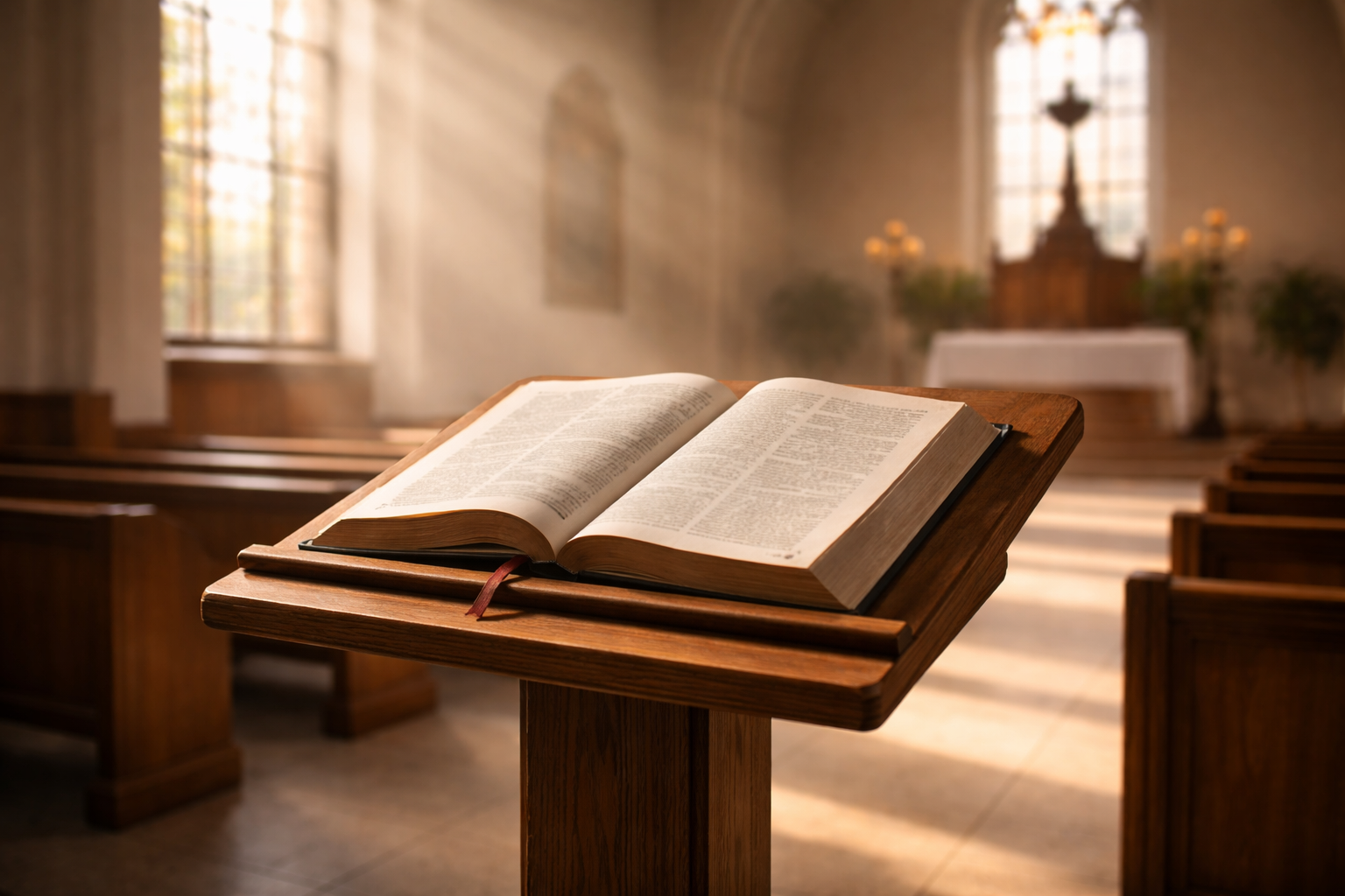 Bible ouverte dans une église lumineuse