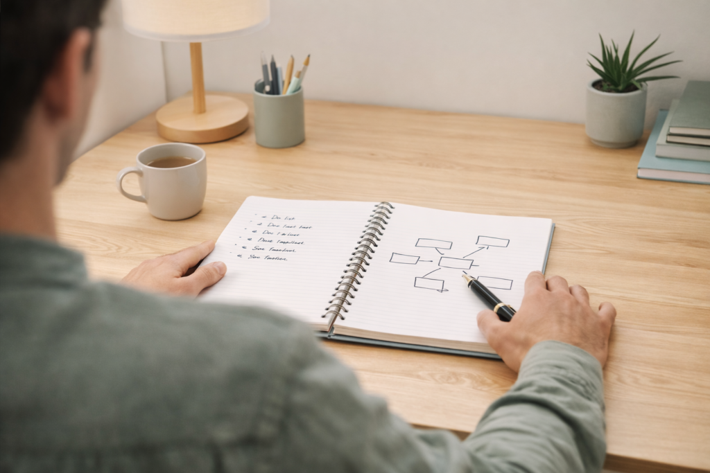 Carnet ouvert sur un bureau ordonné montrant une liste structurée d'idées, symbolisant la clarté après l'aide à la rédaction d'un courrier professionnel.