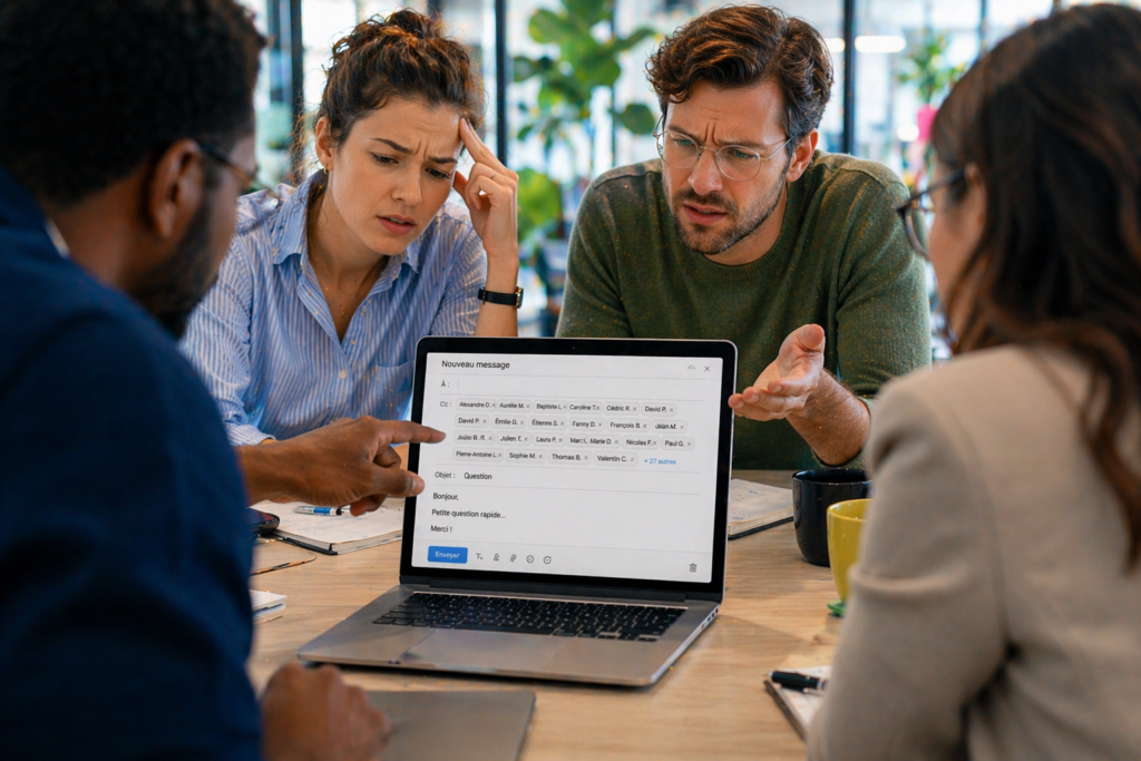 Plusieurs collègues regardant un écran avec perplexité après avoir reçu un courriel en copie sans savoir ce qu’on attend d’eux
