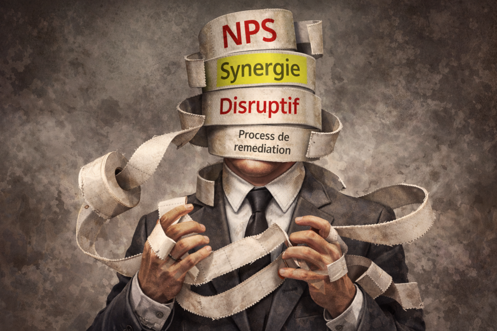 Illustration conceptuelle d'homme étouffé par des étiquettes de jargon managérial et de novlangue, symbolisant la domination par le langage.