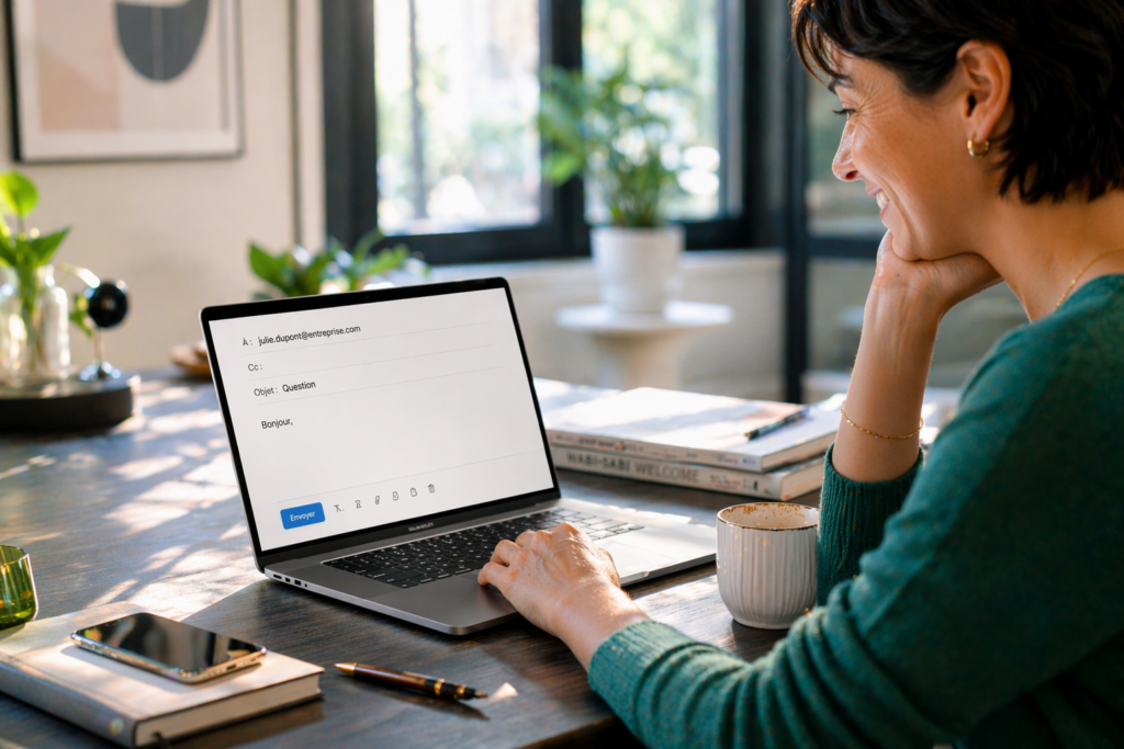 Personne satisfaite devant un ordinateur alors que l’objet du courriel affiché à l’écran est trop vague pour un message important