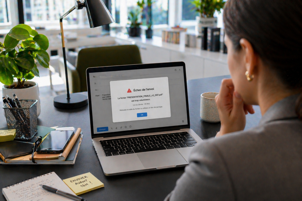 Personne devant un ordinateur confrontée à un problème de pièce jointe trop lourde ou d’envoi impossible dans un cadre de bureau élégant