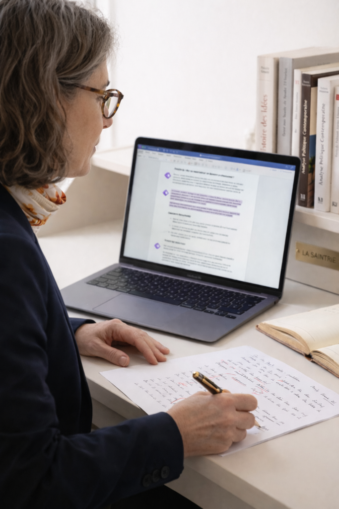 Rédaction et structuration de documents professionnels pour La Saintrie : une main corrigeant un manuscrit à côté d'un écran affichant un article de fond structuré.