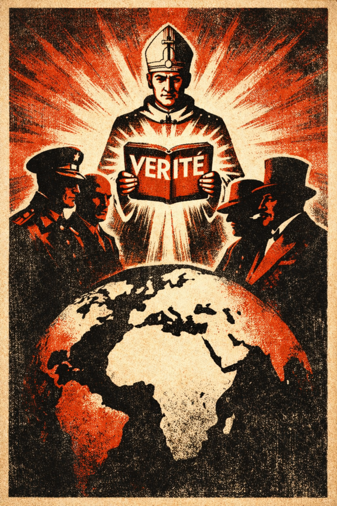 Affiche de style propagande montrant une figure papale tenant un livre de vérité face aux dirigeants politiques