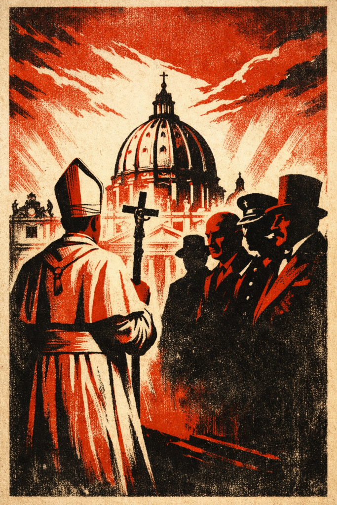 Affiche stylisée représentant le pape face aux puissants du monde dans un style propagande du XXe siècle