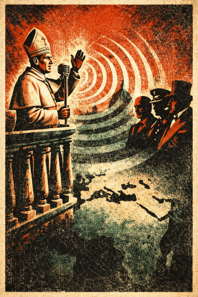 affiche de propagande européenne années 1920-1940, coupole de la basilique Saint-Pierre illuminée dominant un paysage de drapeaux et d’armées symboliques représentant les puissances du monde, style graphique puissant, composition dramatique, couleurs rouge noir beige, texture d’impression ancienne, style lithographie politique vintage, représentation symbolique du combat moral entre l’Église et les conflits du monde