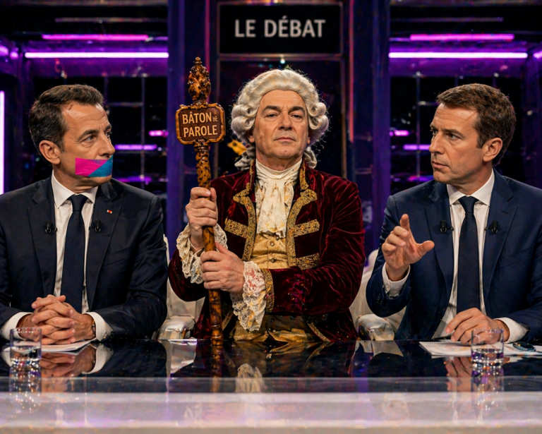 Mise en scène satirique du bâton de parole utilisé sur un plateau de télévision moderne.