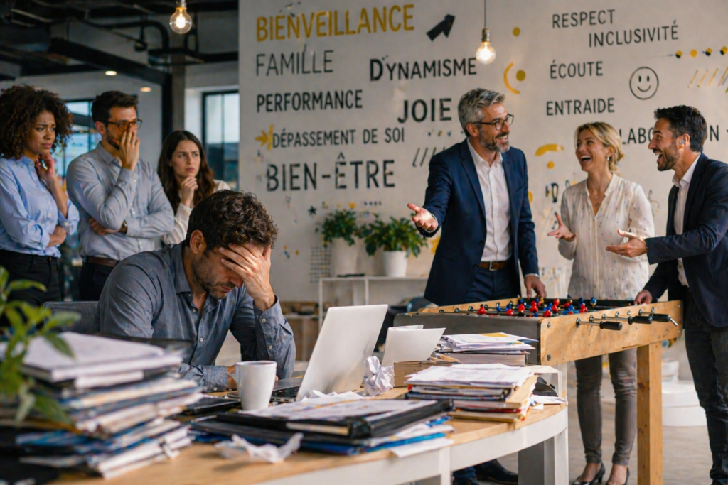 Employé épuisé devant un bureau encombré dans un open space, tandis que des cadres souriants jouent au baby-foot sous un mur de slogans de bien-être et de performance.