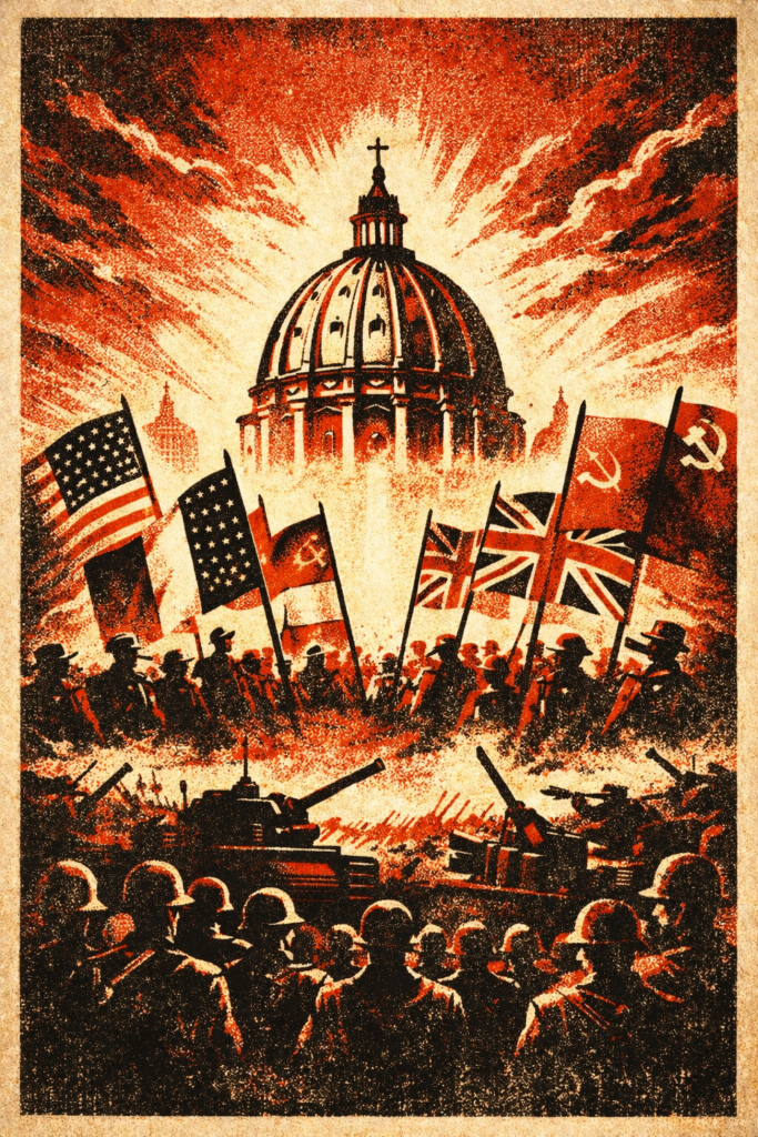 Affiche illustrant la confrontation symbolique entre l'Église et les puissances politiques du monde