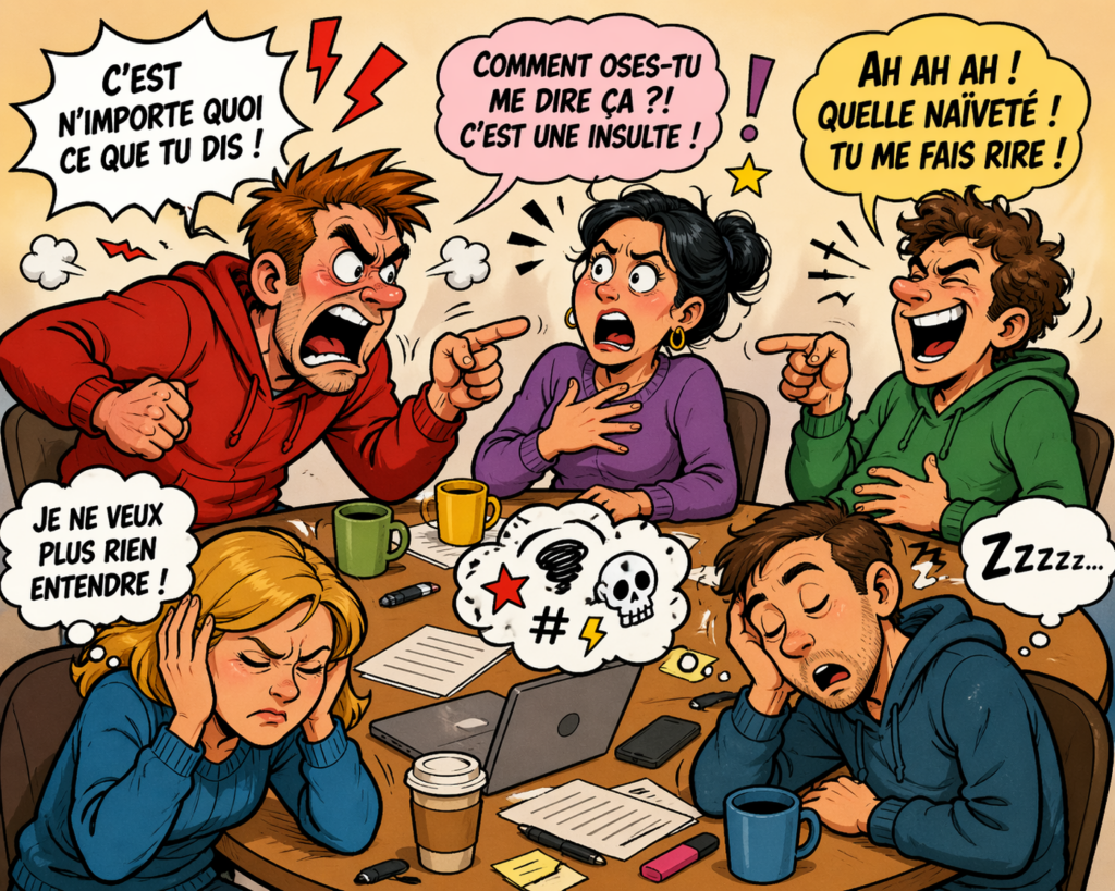 Dessin humoristique montrant un débat animé où les participants ne s’écoutent plus