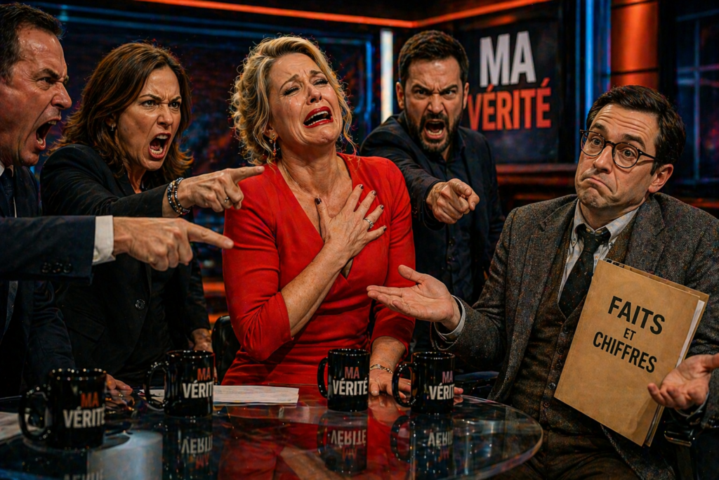 Scène satirique d'un plateau de télévision où l'émotion d'une participante déclenche la condamnation morale des autres.