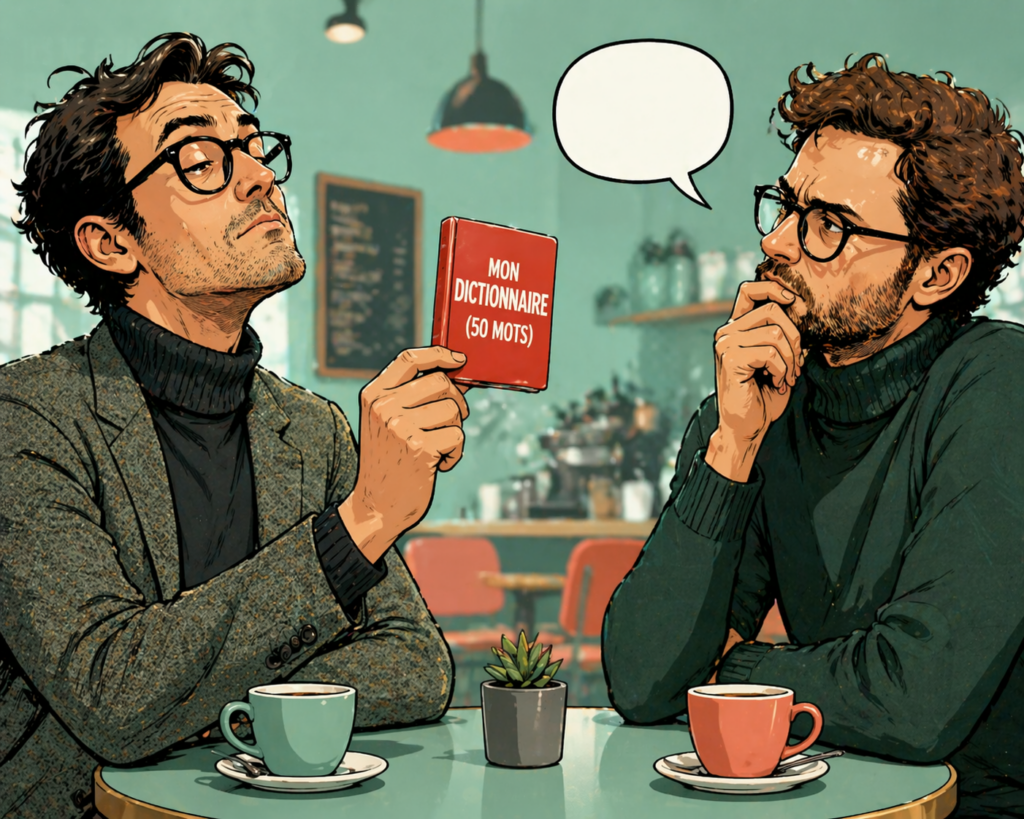 Illustration humoristique de deux personnes débattant avec un dictionnaire de seulement 50 mots, symbolisant la famine lexicale.
