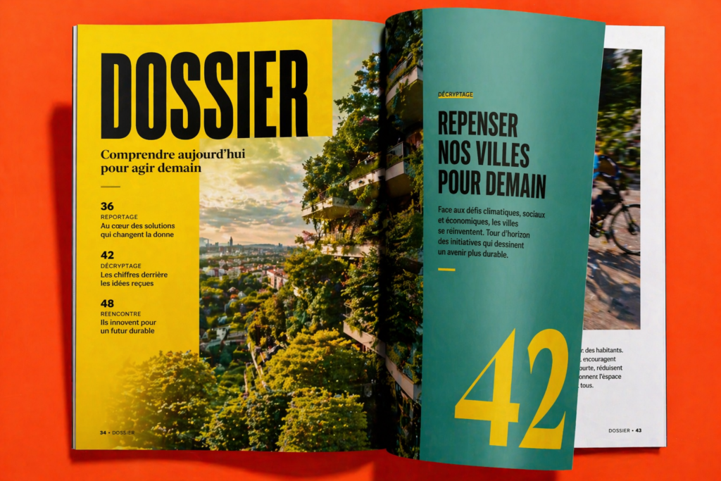 Magazine ouvert illustrant les dossiers et articles de réflexion de La Saintrie