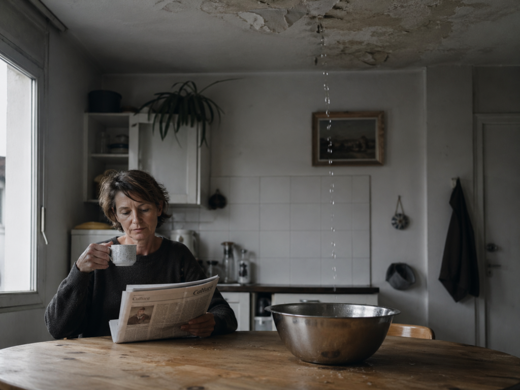 Femme buvant un café et lisant le journal dans une cuisine abîmée par une fuite d’eau au plafond.
