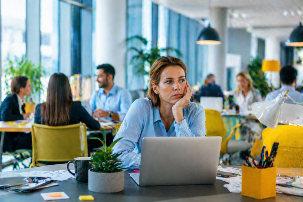 Scène de bureau moderne montrant le contraste entre l’image professionnelle lisse et la fatigue réelle au travail