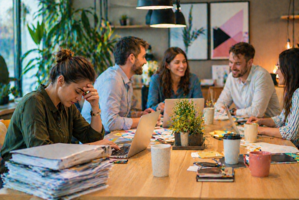 Salle de réunion élégante montrant le contraste entre décor professionnel séduisant et surcharge de travail