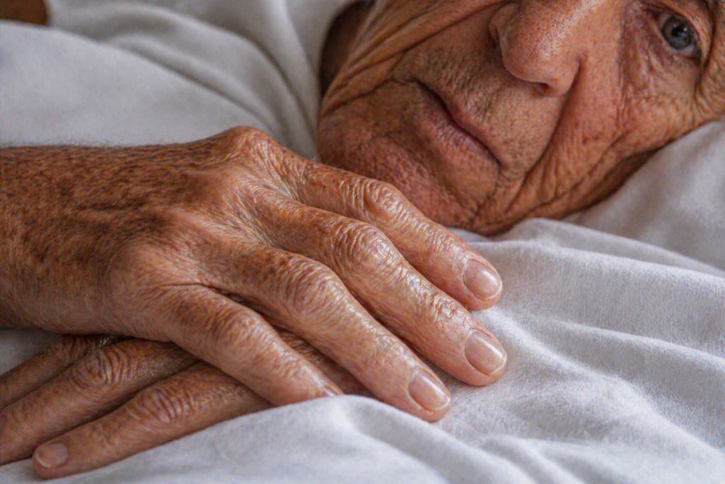 Gros plan sur les mains ridées d’un vieil homme posées sur un drap blanc, avec son visage partiellement visible en arrière-plan.