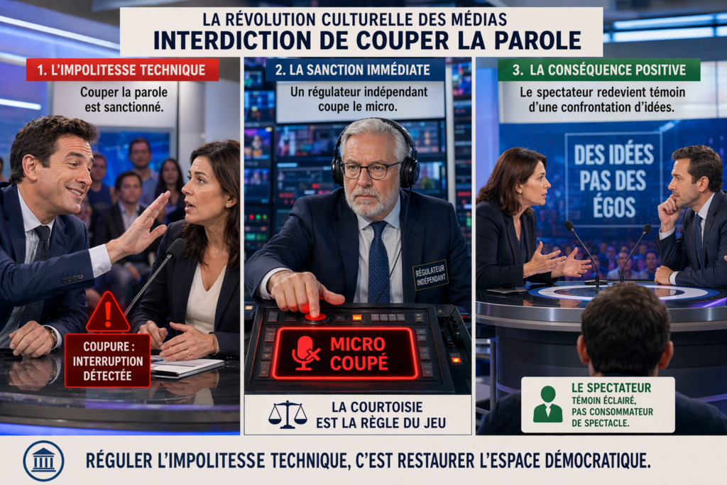 Illustration satirique d'un plateau TV où un régulateur coupe le micro d'un débatteur impoli pour restaurer la courtoisie.