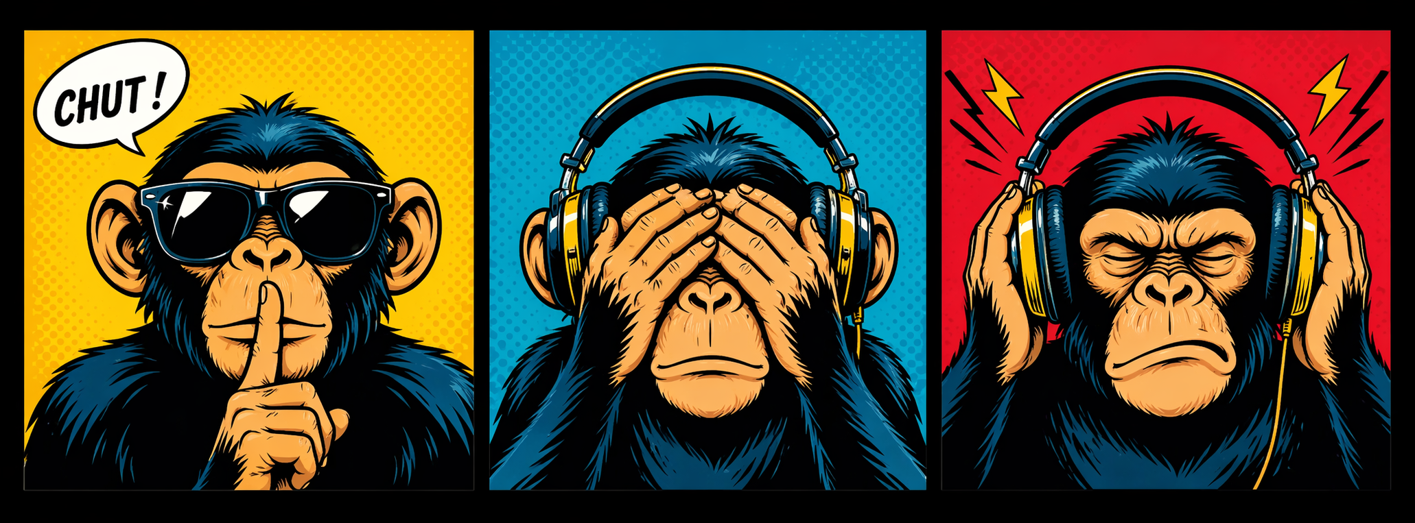 Illustration pop-art satirique des trois singes de la sagesse symbolisant la surdité collective moderne.