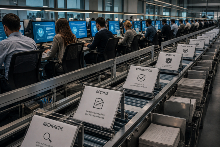Chaîne de production de prestations intellectuelles où des travailleurs segmentent des tâches assistées par intelligence artificielle.
