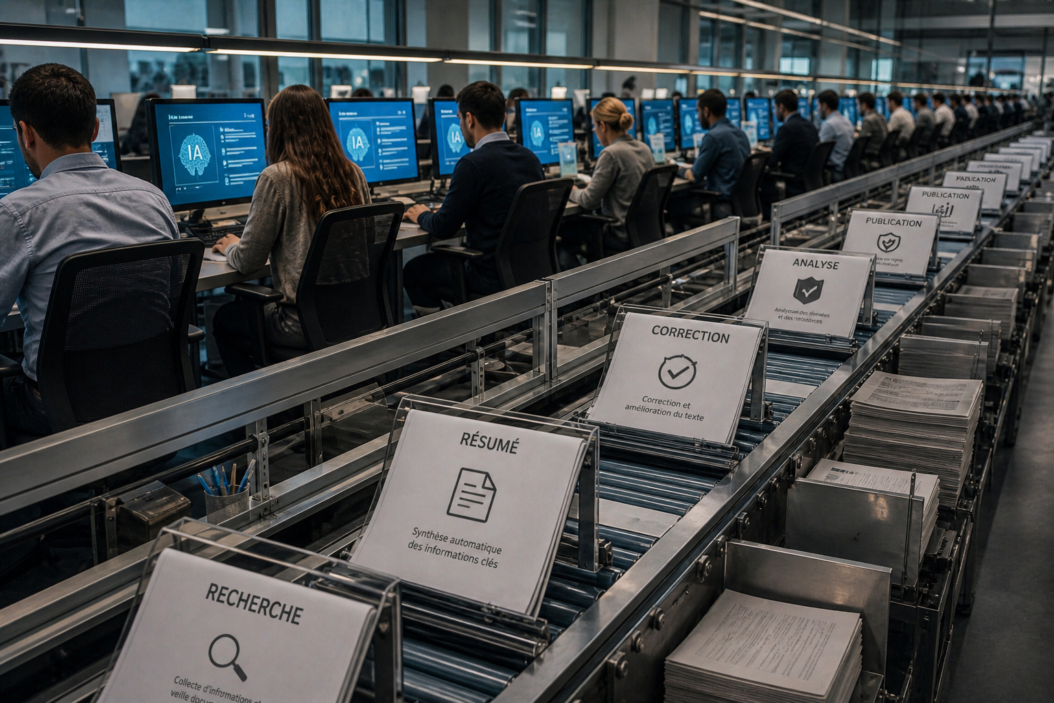 Chaîne de production de prestations intellectuelles où des travailleurs segmentent des tâches assistées par intelligence artificielle.