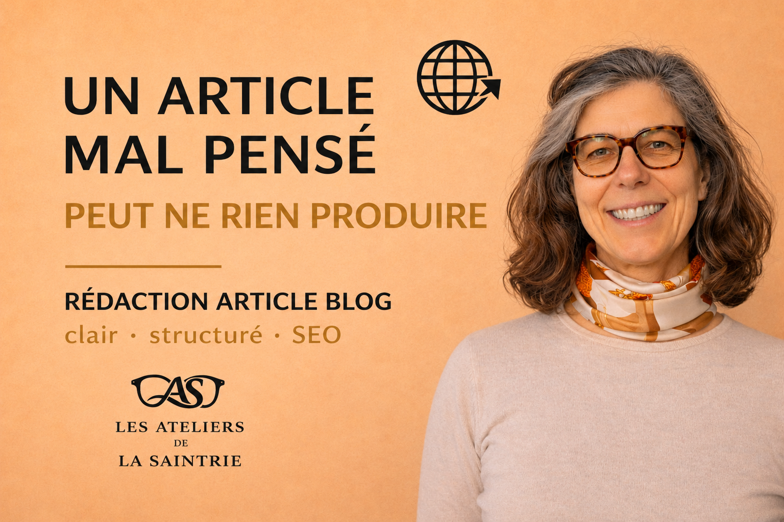 Visuel promotionnel pour un service de rédaction d’articles de blog montrant une femme souriante sur fond beige orangé. Le texte indique : « Un article mal pensé peut ne rien produire ». Mention du service « rédaction article blog – clair · structuré · SEO » avec le logo Les Ateliers de La Saintrie.