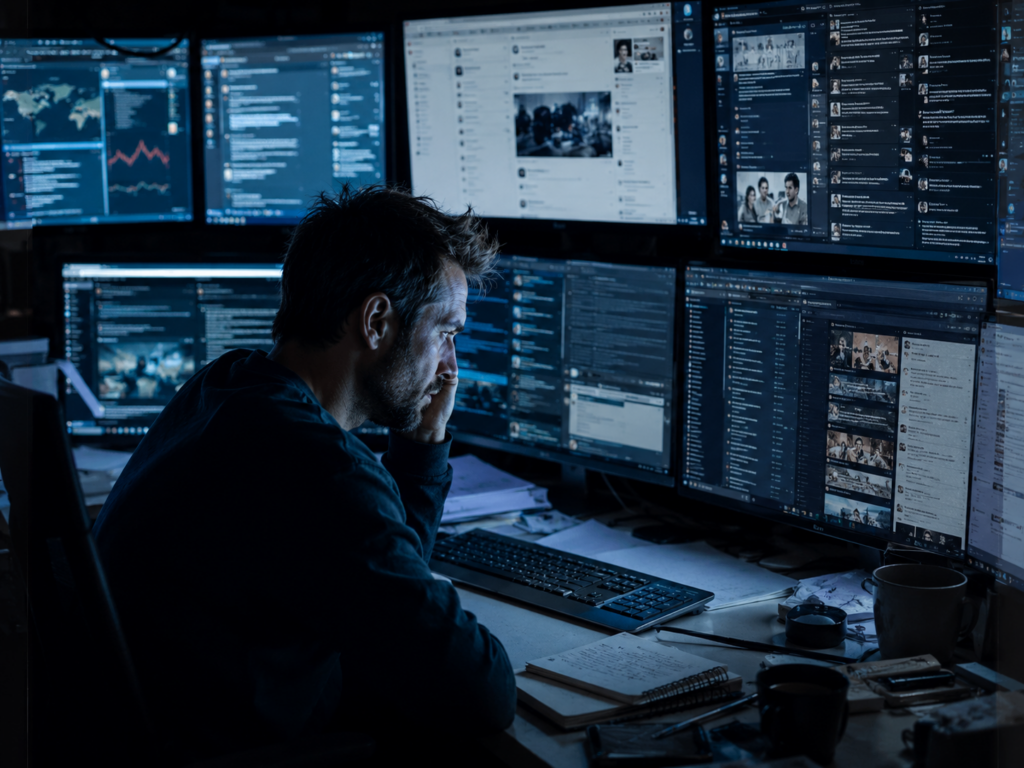 Personne seule devant plusieurs écrans saturés de contenus numériques et de notifications