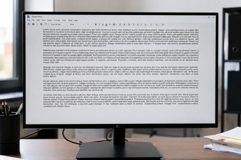 Texte dense et désorganisé affiché sur un écran d’ordinateur dans un espace de travail