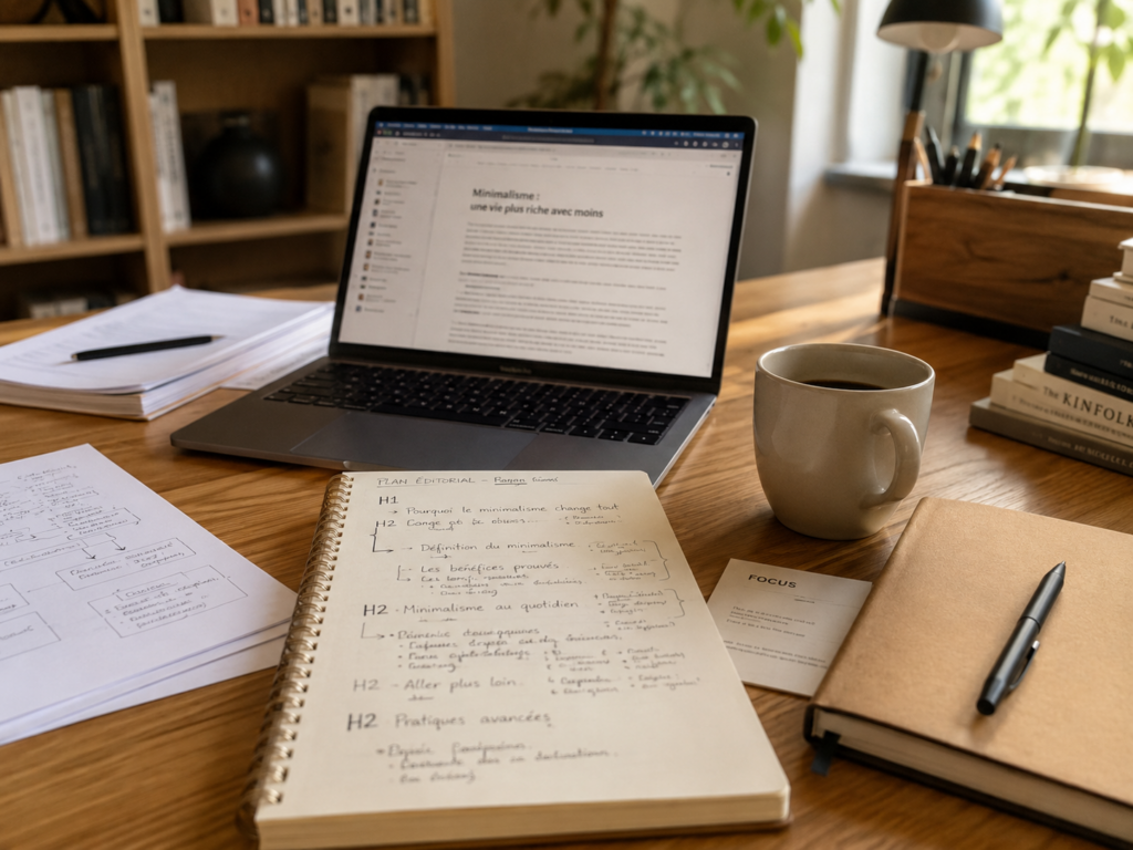 Travail de structuration éditoriale avec notes, plan H1 H2 et ordinateur portable