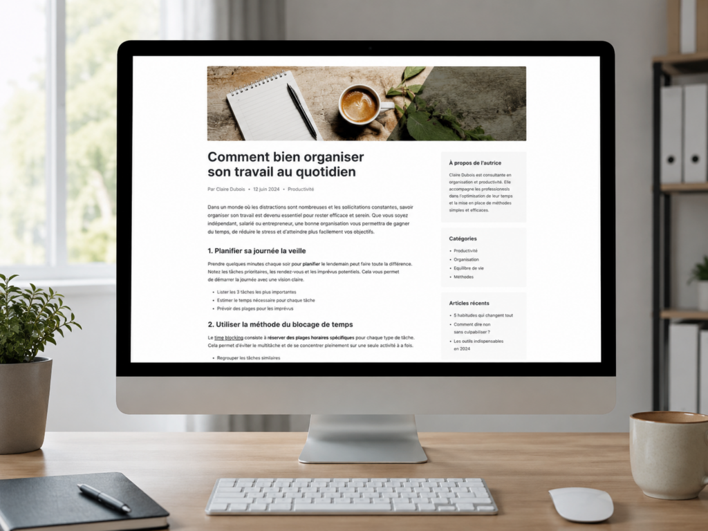 Article web clair et structuré affiché dans WordPress sur un écran moderne