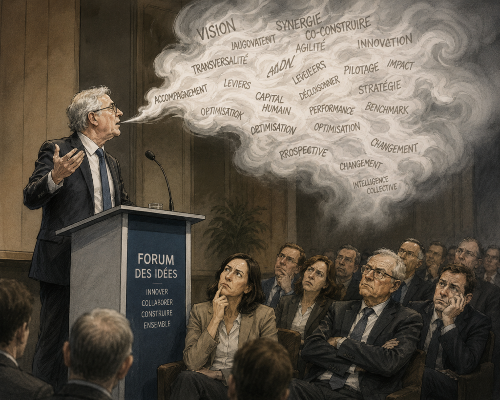 Orateur prononçant un discours public creux avec des éléments de langage qui s’envolent en fumée.
