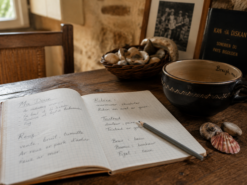 Table bretonne avec carnet, crayon gris et expressions populaires illustrant les mots de pays.