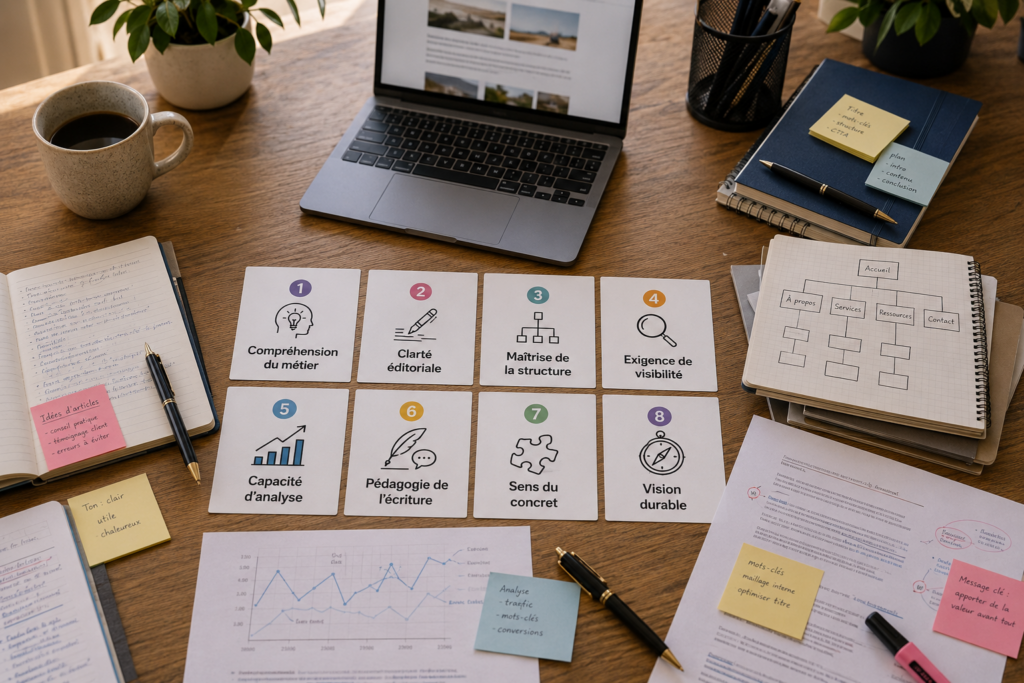 Bureau éditorial vu de dessus avec huit cartes présentant les qualités d’un bon accompagnement éditorial pour faire vivre un site internet.