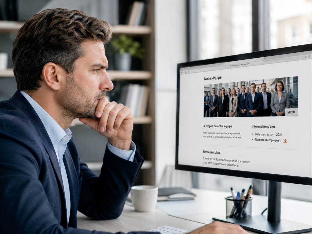 Un entrepreneur regardant un écran affichant des informations obsolètes de son entreprise.