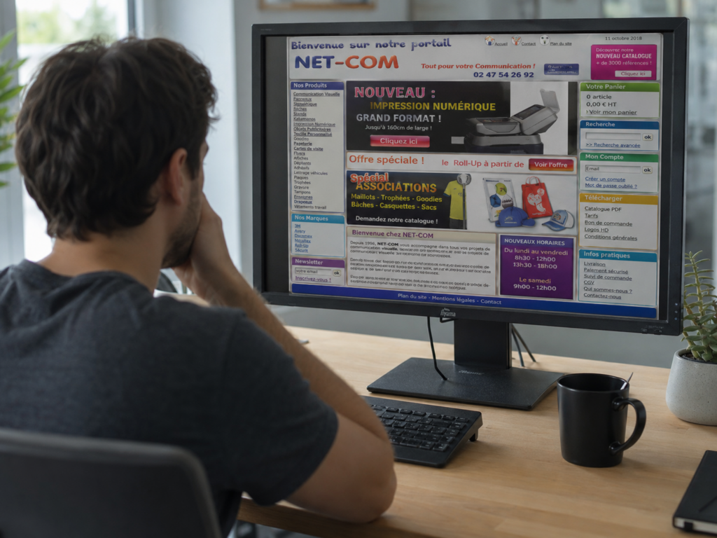 Un visiteur web hésitant devant une page d'accueil web désorganisée.