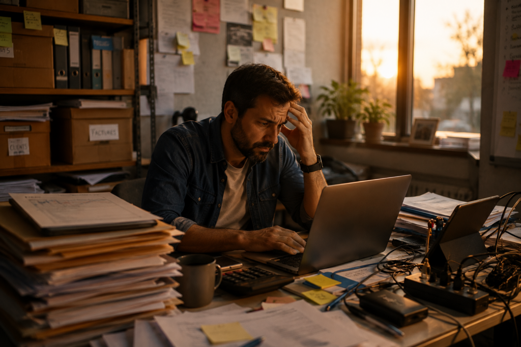 Un dirigeant de petite entreprise jonglant avec trop de tâches simultanées.